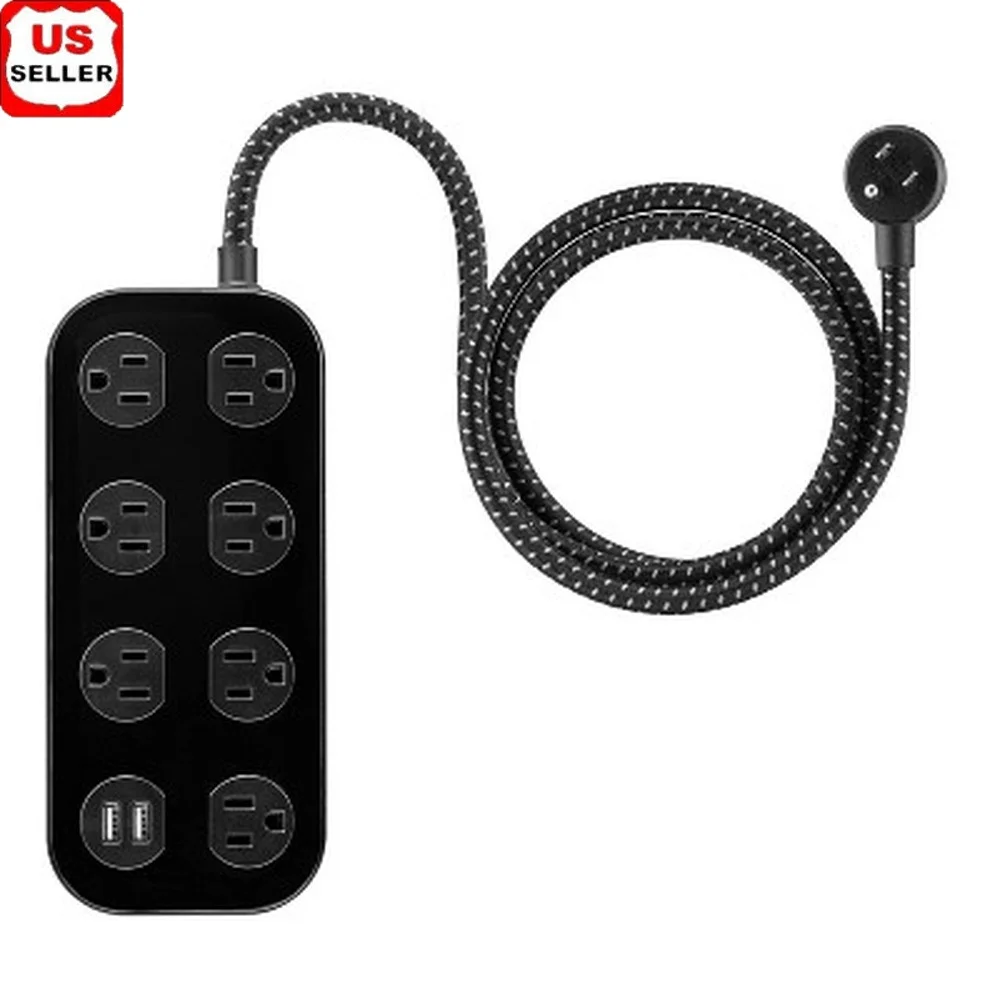 

7-Outlet Surge Protector with 2 USB-A Ports 1470J Protection 4ft Braided Cord Black Extension Cord Power Strip