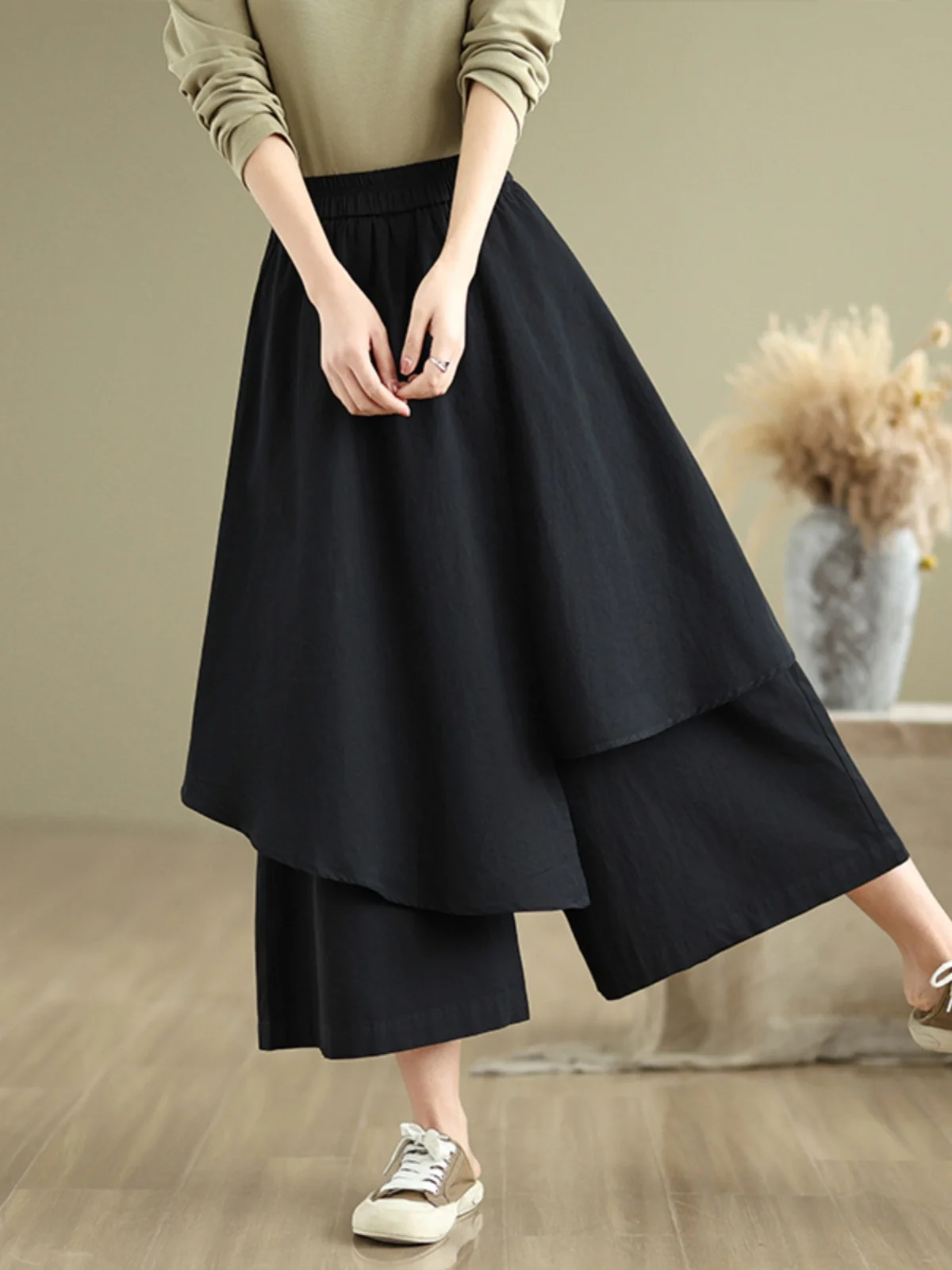 Jupe pantalon asymétrique taille haute pour femmes, ample, élastique, jambes larges, nouvelle collection été artistique Vintage, grande taille