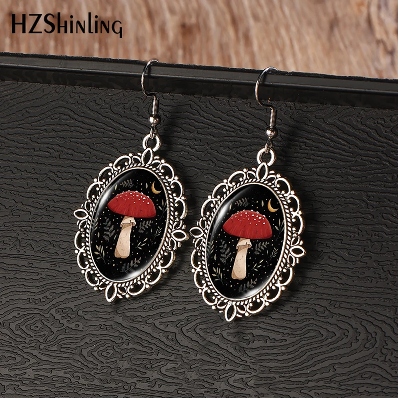 2024 New Moon Mushroom Vintage Dangle Earring Fish Hook Earrings Oval Glass Dome Jewelry Gift Girls