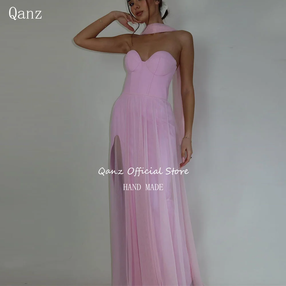 

Qanz Elegant A Line Long Prom Dress Pink Formal Evening Gowns Sweetheart Women Floor Length Vestidos De Diesta Customized