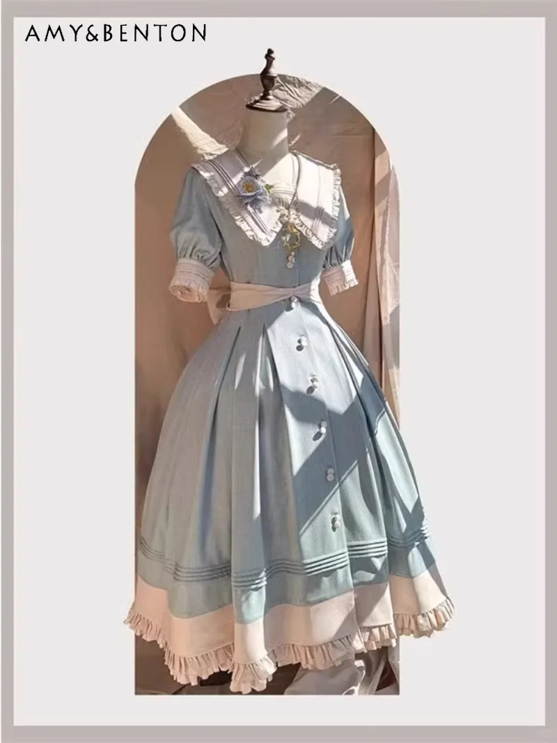 2026 Retro Temperament Waist Chic Feeling Contrasting Color Fresh Feeling Age-reducing Dress For Women Japanese Mori Lolita