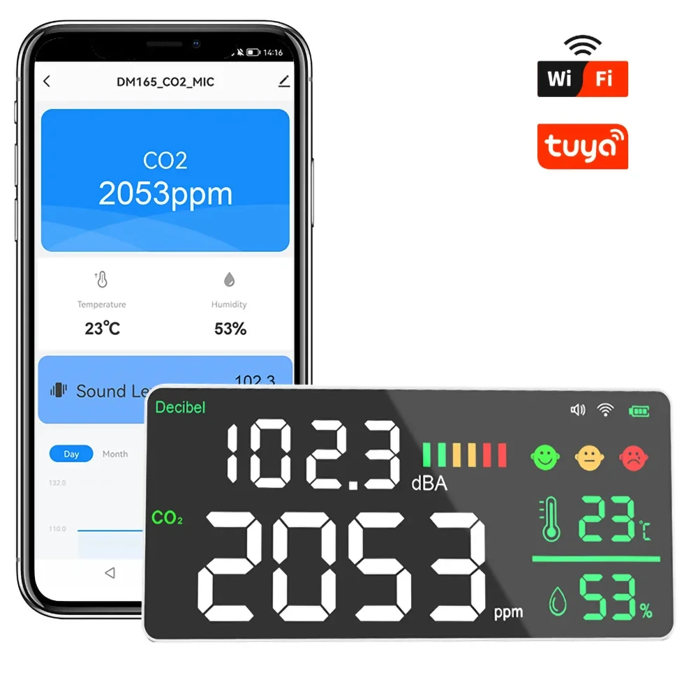 

Новейший датчик децибела CO2 для помещений, дисплей, датчик температуры и влажности, домашний газовый монитор, Wi-Fi соединение Tuya