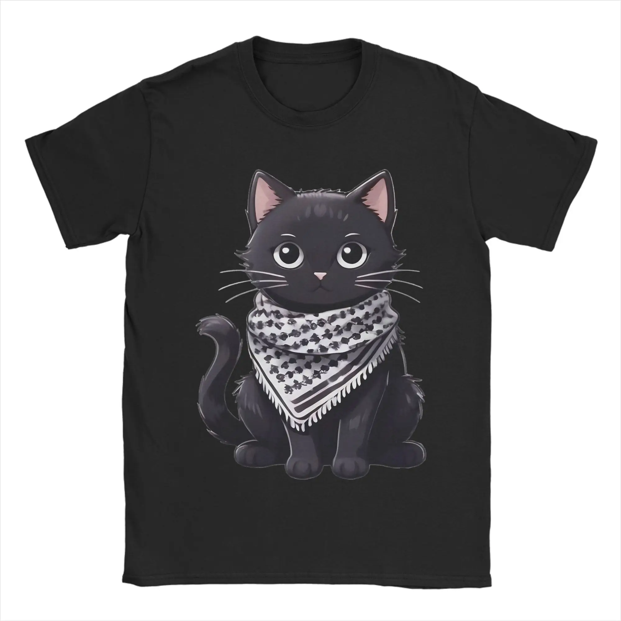 

Palestine Cute Cat Wearing the keffiyeh T-Shirts Men Pure Cotton Tee Shirt Crew Neck Short Sleeve T Shirt Plus Size Clothes