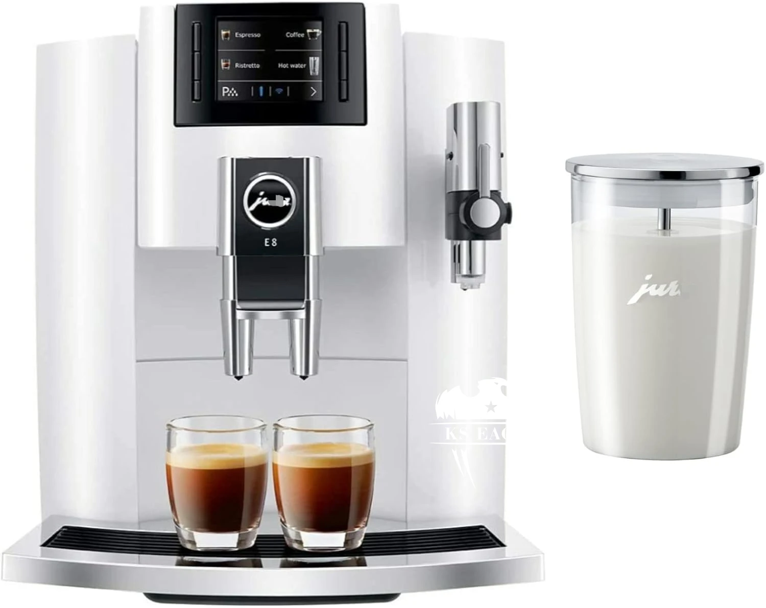 

Jura E8 Automatic Espresso Machine (Piano White) with Glass Milk Container (2 Items)