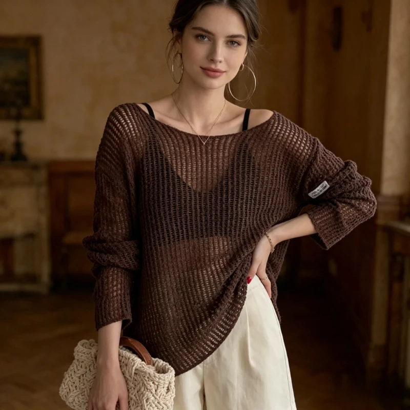 

Korean Style O Neck Loose Casual Women Blouse Hollow Out See Through Sunscreen Knit Covers Up Long Sleeve Lightweight Shirts