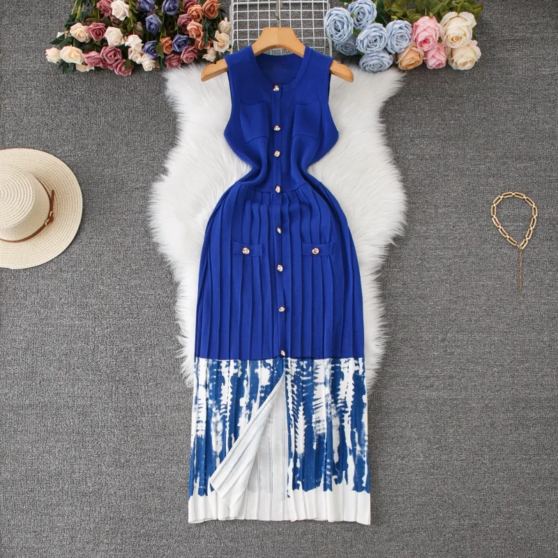 

Long Dress Women Knitted Dresses Single Breasted Vestidos High Waist Sleeveless Elegant Splice Y2k Streetwear Party Club 2025