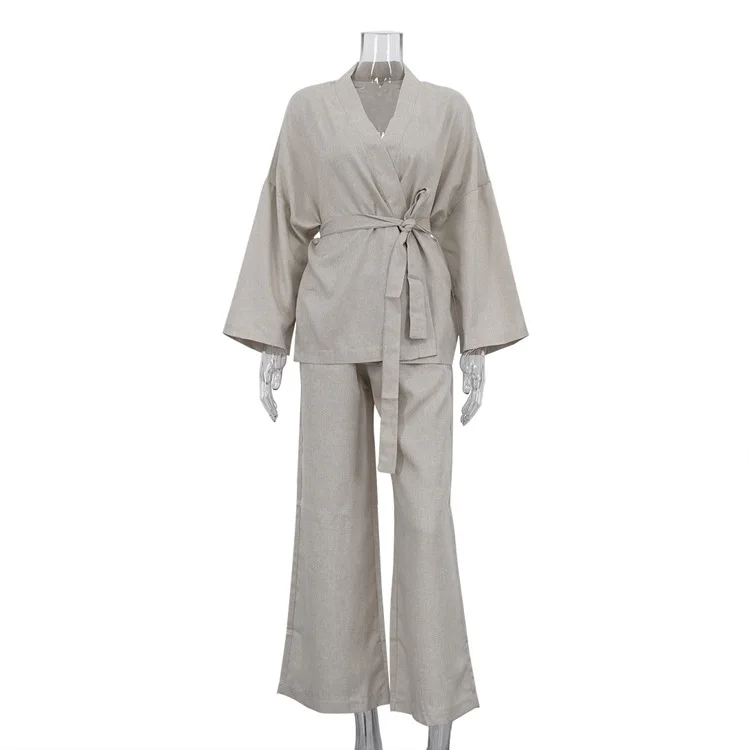 2026 Nieuwe Casual Kaki Tweedelige Outfits Vrouw Herfst V-hals Lange Mouwen Lace-Up Shirts En Eenvoudige Rechte Broek vrouwelijke Sets