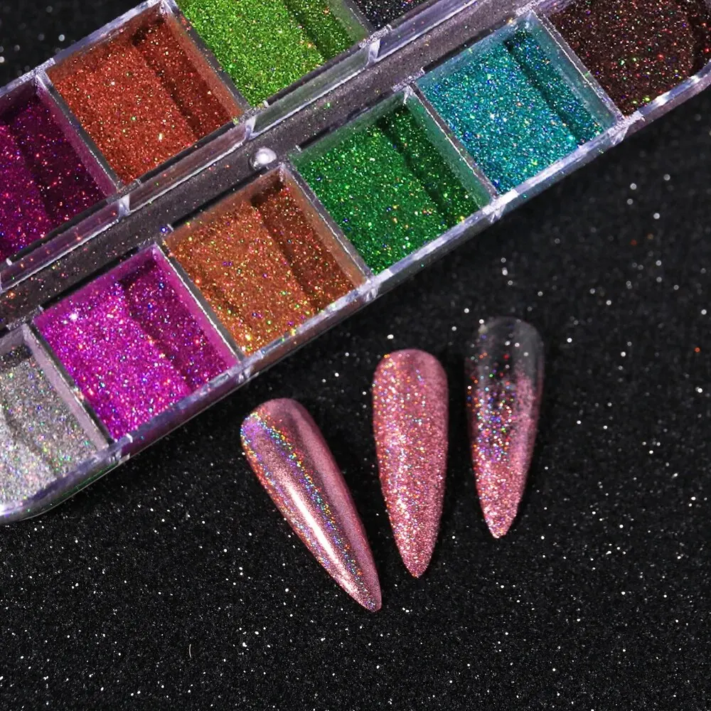 Holográfica Glitter Pó Set para DIY Manicure, Holo, Prata, Esfregue, Poeira, Preto, Rosa, Cromo, Unha Glitter, Pigmento Laser