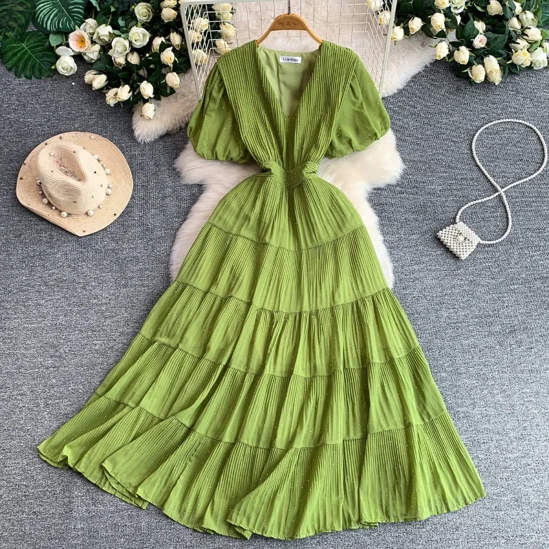 

2026 New French Diamonds Summer Short-sleeve Dress Women's Party Maxi Dresses V-neck Slim Elegant Big-hem A-line Pleated Dresses