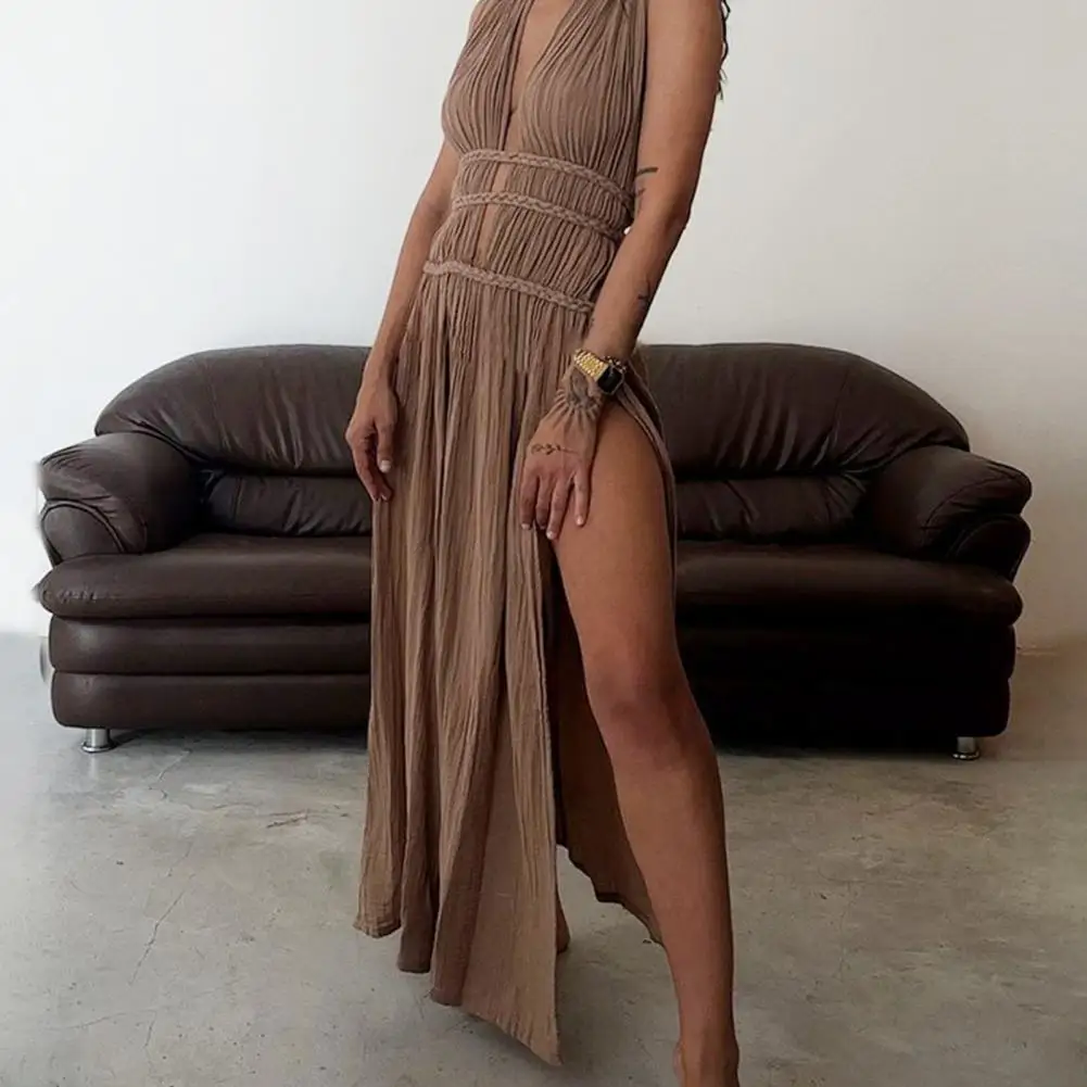 Vestido con panel de cuerda trenzada Vestido largo elegante con hombros descubiertos y correas trenzadas para mujer Vestido veraniego de playa de vacaciones de color sólido