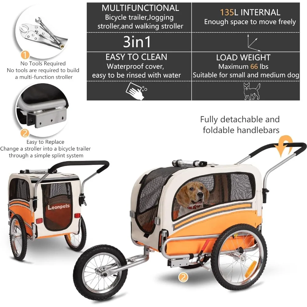 Pet Strollers, 3 in 1 pet Dog Bike Trailer Bicycle Trailer with a 12