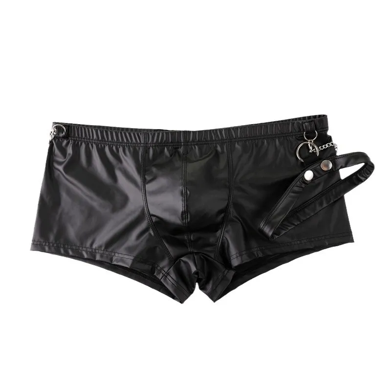 Men Sexy Close Fitting Matte Faux Leather Trunks Wet Look Underwear Pouch Boxer with Chain Buckle Shorts Slim Fit Men's Boxers