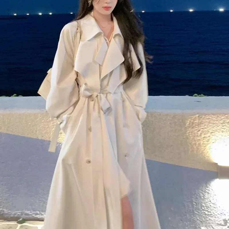 2024 Autumn White Belted Women's Trench Coat Long Sleeve Casual Lightweight M Mature Style Mid Length Windproof Coat