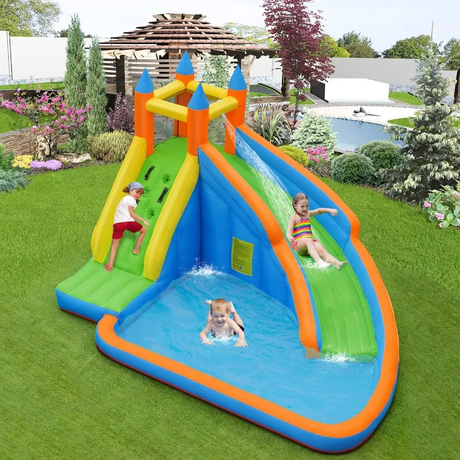 Inflatable Water Slide, Kids Bounce House with Slide Climbing Wall Splash Pool, Outdoor Jumping Castle Inflatable Obstacle Cour