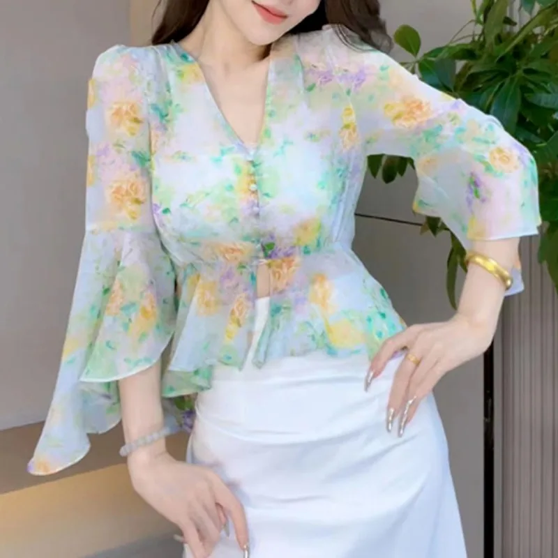 

Fashionable Elegant 2024 Summer New Women's Blouses Patchwork Irregular Flare Sleeve Printed Button V-neck Sexy Slim Shirts Tops