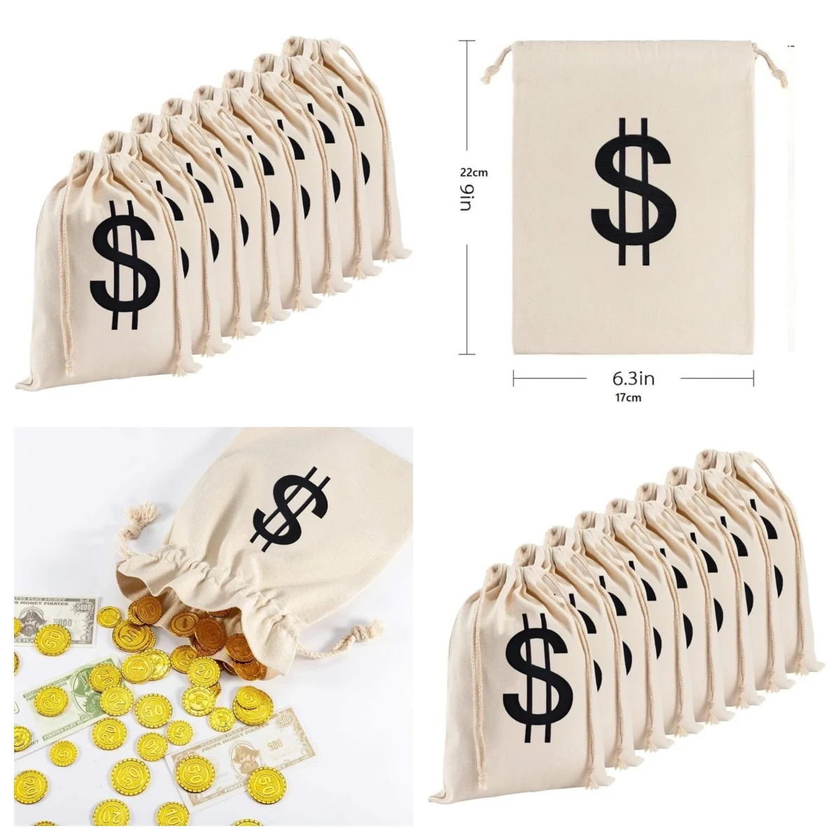

20 Pack 6.3 x 9 Inches Small Linen Money Bags Halloween Prop Money Bag with Dollar Sign Drawstring Money Sacks for Cosplay Party