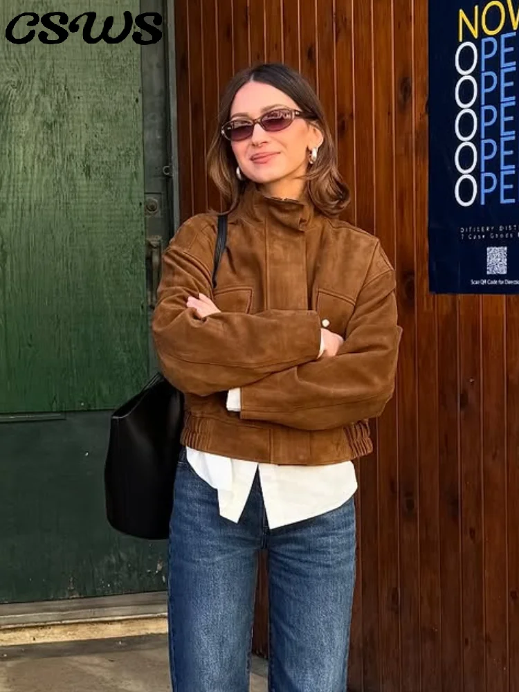 

Женские куртки с воротником-стойкой в стиле ретро, повседневные свободные короткие пальто на молнии с длинными рукавами и карманами, весна 202, коричневая модная верхняя одежда для женщин