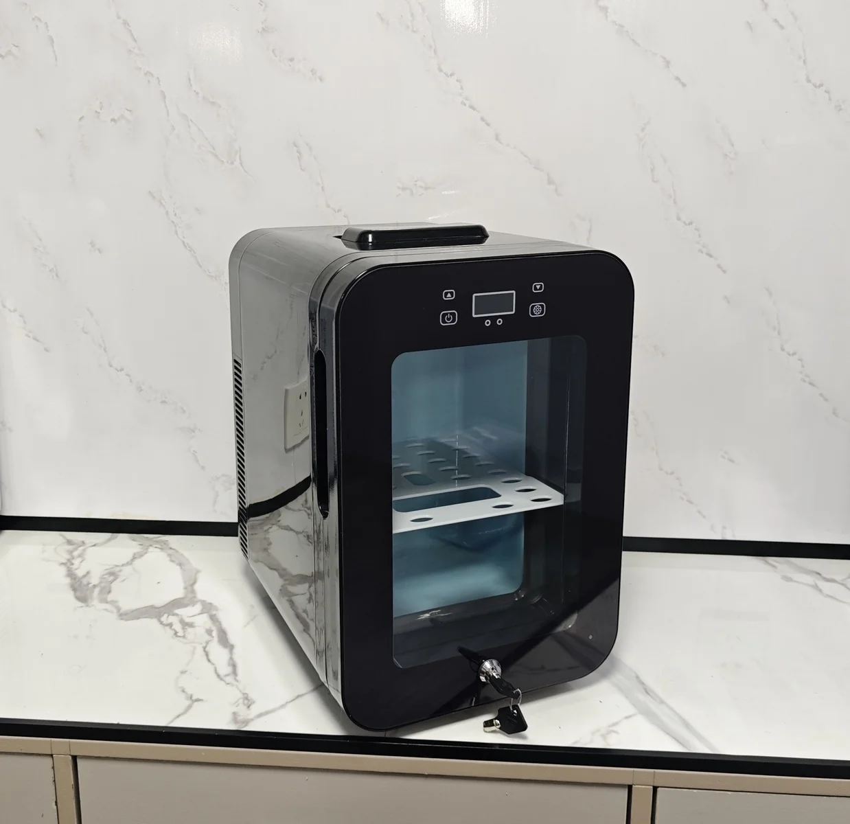 16L Transparent Glass Door Mini Bar Fridge LED Temperature Settable Mini Fridge Refrigerator with Lock for Compartment,Beauty view 4