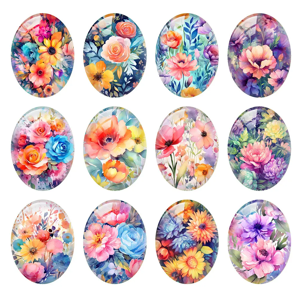 

10pcs/lot Oval Photo Glass Cabochon Flatback Charms Watercolor Flower Rose Demo Flat Back Cameo Diy Jewelry Making Findings