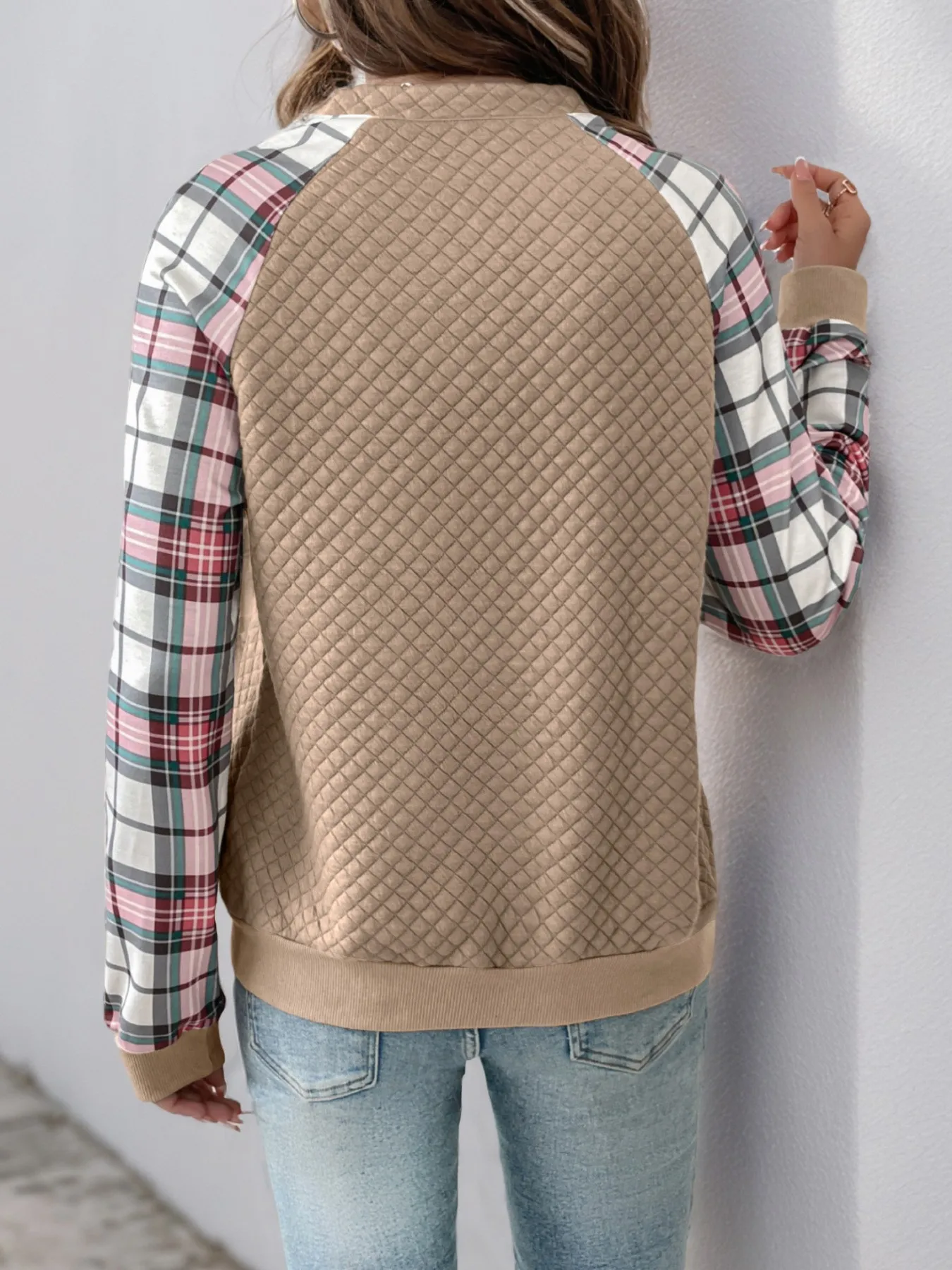 Plaid Patchwork Sweatshirt Loose Fit Literary Retro with Regular Length Autumn Striped Standard Thickness Crew Neck Women Hoodie