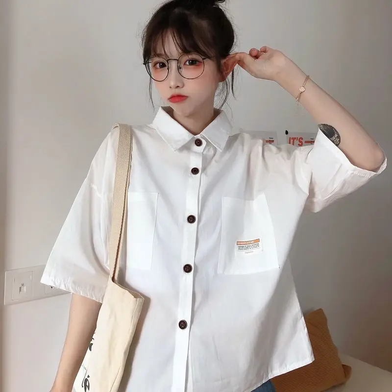 Koreaanse Zwarte Korte Blouse Zomer Nieuwe Korte Mouwen Polo Hals Knoop Effen All-Match Jeugd Shirt Tops Vintage Casual Dameskleding