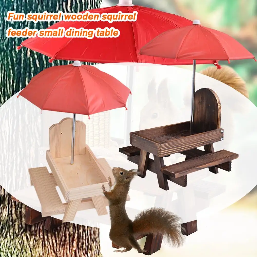 Pet Feeder Wooden Bird Squirrel Feeder Functional Pet Decoration Picnic Table Umbrella Feeding Bench With Mini Garden Home S9D2