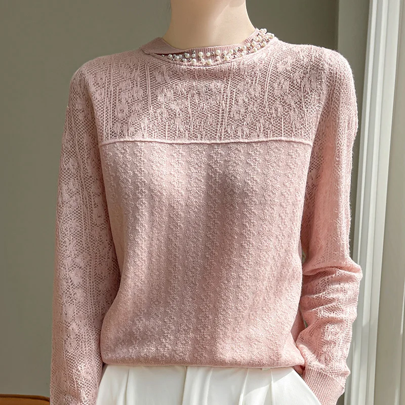 Spring Summer Stylish Lace Chiffon Shirt Women O-neck Wool Pearl Female Long Sleeve Top Fashion New Knit Pullover Worsted Blouse