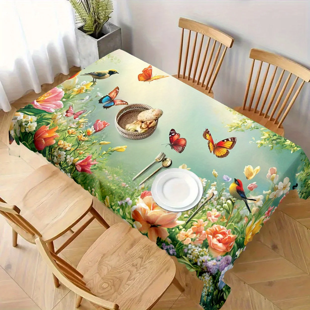 Watercolor Floral Birds Butterfly Print Tablecloth for Table Decor Elegant Blooming Flowers Table Cloth Wedding Party Decoration