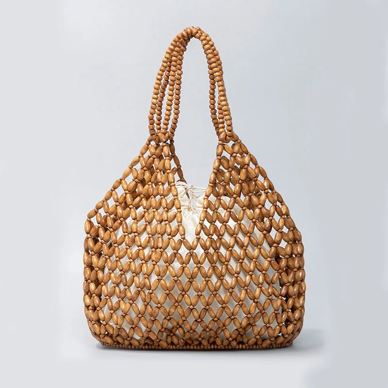 XMESSUN Women New Hand‑woven Wooden Beaded Handbag Fashion Exquisite Hollow Out Shoulder Bag Bohemian Beach Vacation Purse Ins