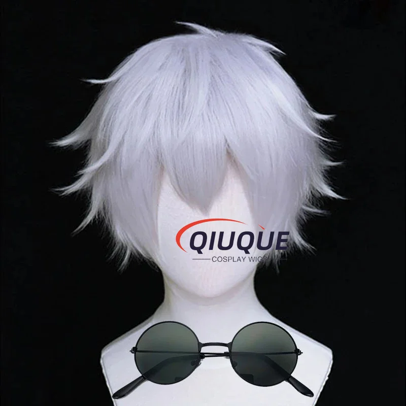 Anime Cosplay Wigs Gojo Satoru Wig Short Layered Silver Heat Resistant Synthetic Hair Wigs + Wig Cap + Glasses