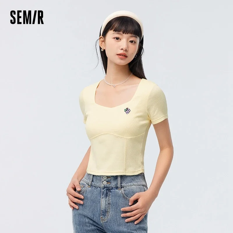 Semir 2024 T-Shirt Women Short-Sleeved Square Collar Embroidered Casual Summer Tight Knitted Sweater Sexy New Style Tee