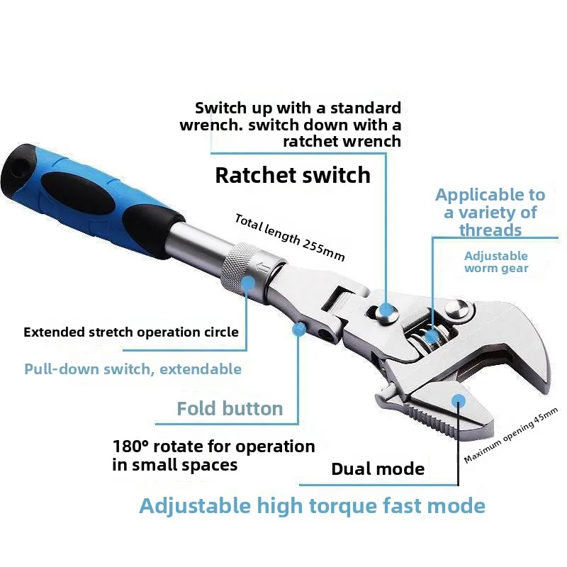 Universal Adjustable Quick Ratchet Wrench with Swivel Head, Wide Opening, Telescoping Folding Design for Bathroom Auto Repair