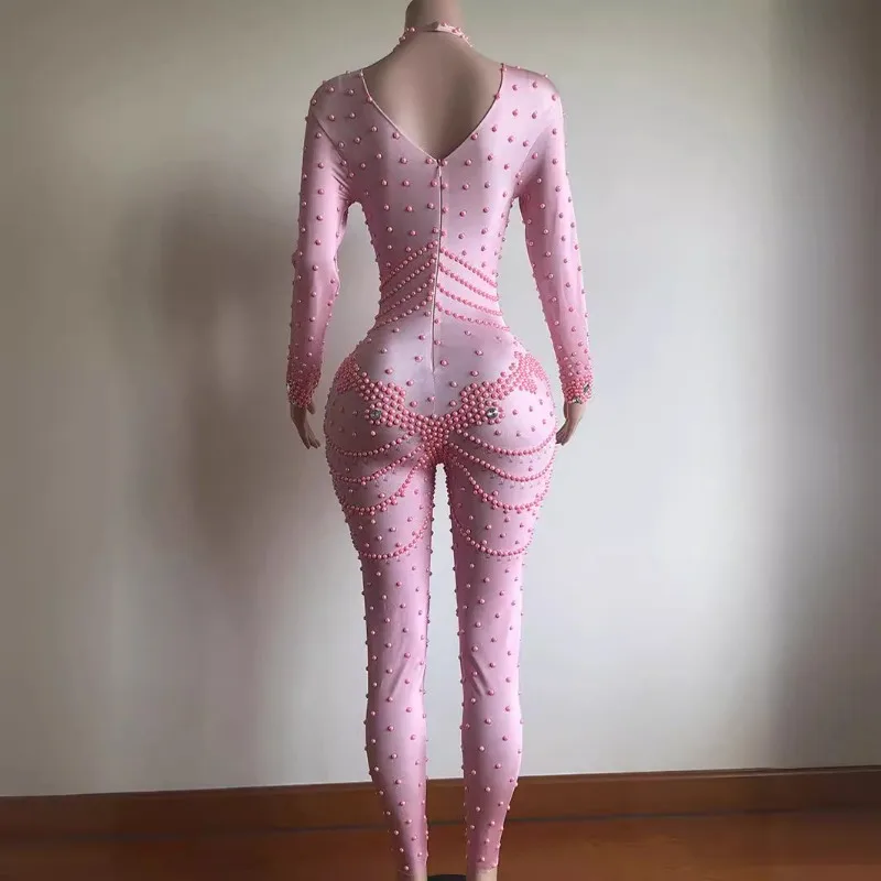 Plus Size Women's Clothing Pink Pearl Spandex One-Piece Jumpsuit Club Women's Sex Vestidos De Mujer Elegantes Para Fiesta 2025