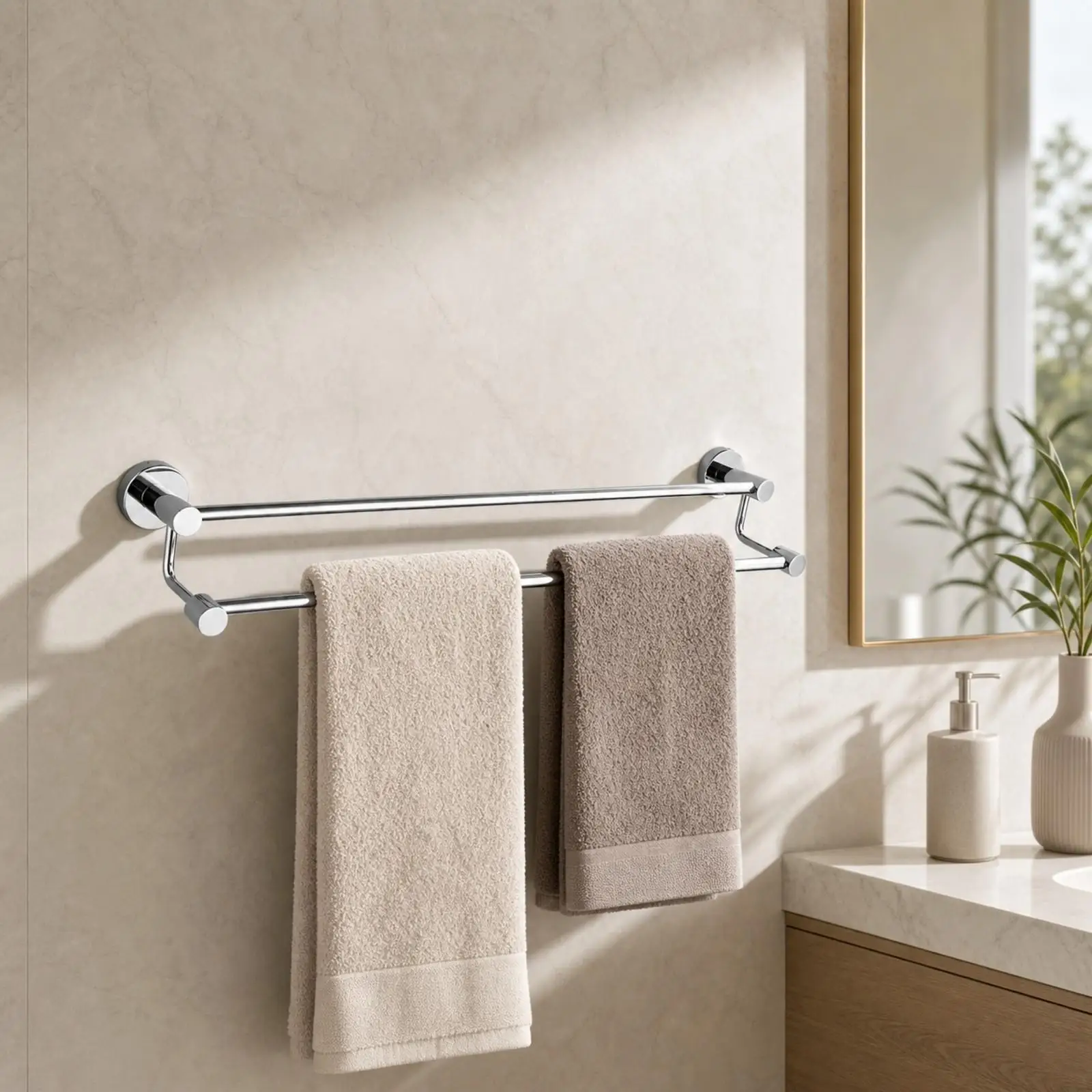 Rust Resistant Metal Towel Rack with Upper Shelf and Hanging Bar for Small Family Bathroom Wall Organizer