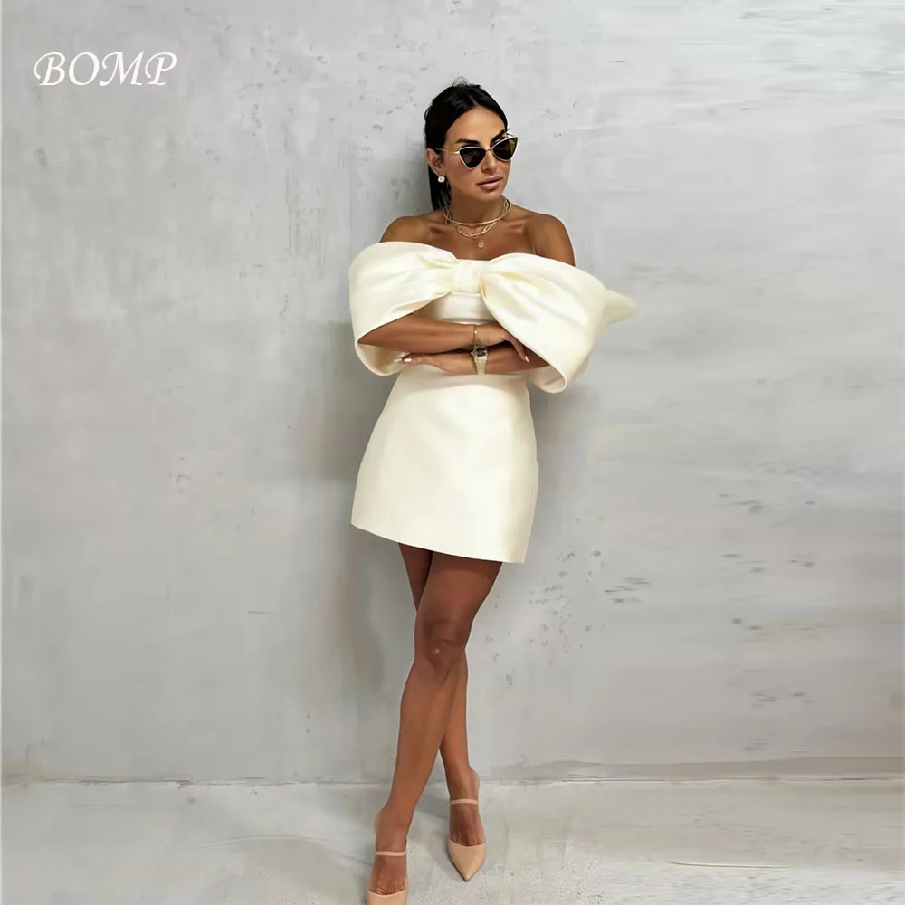 

BOMP Modern Bow Wedding Party Dress Off Shoulder A-Line Ivory Taffeta Special Occasion Birthday Short Prom Dresses Customized