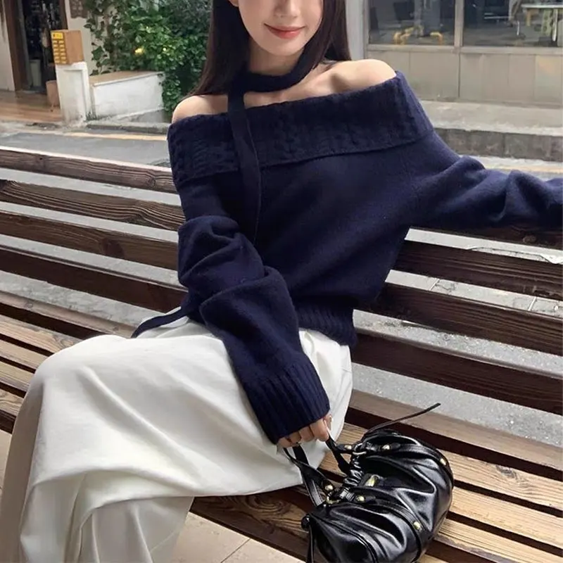 

Stylish Ribbon Slash Neck Knitted Pullovers Autumn Winter Aura Solid Color Women's Clothing Fashionable Off Shoulder Sweaters