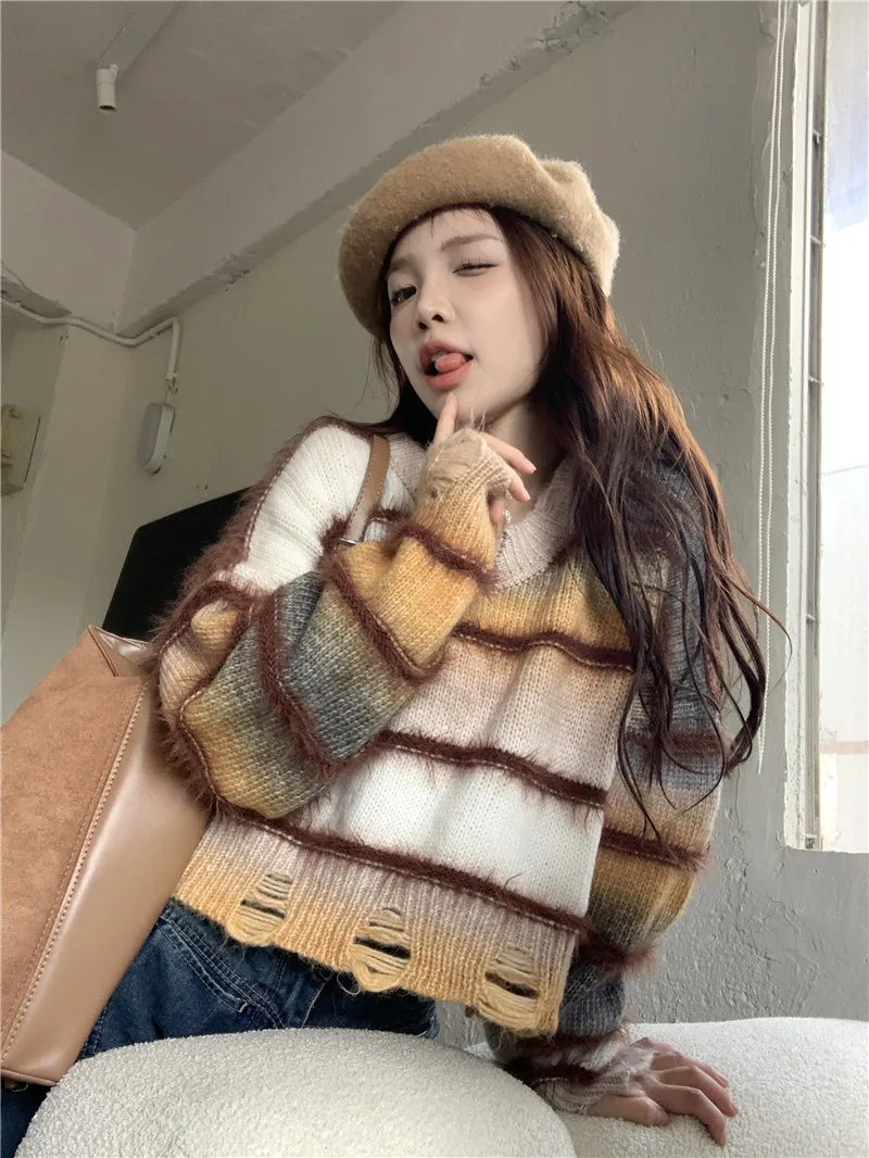 Women Striped Pullover Knitted Sweater 90s Aesthetic Harajuku Long Sleeve Sweater Y2k 2000s Vintage Fashion Clothes 2024