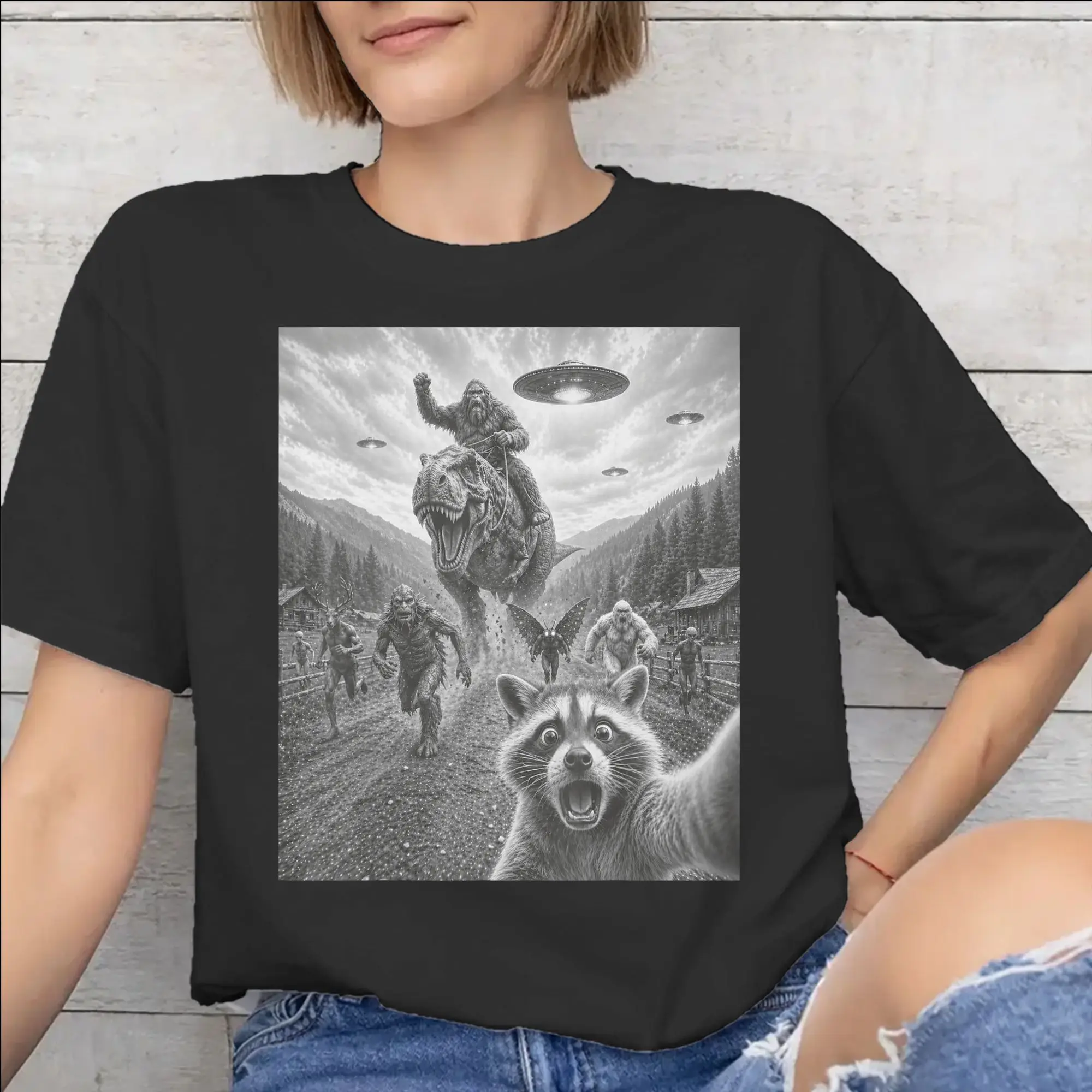 Funny Bigfoot Ride Dinosaur Raccoon Merch Men Women T Shirt Pure Cotton Tee Graphic Printed  T-shirt Clothing