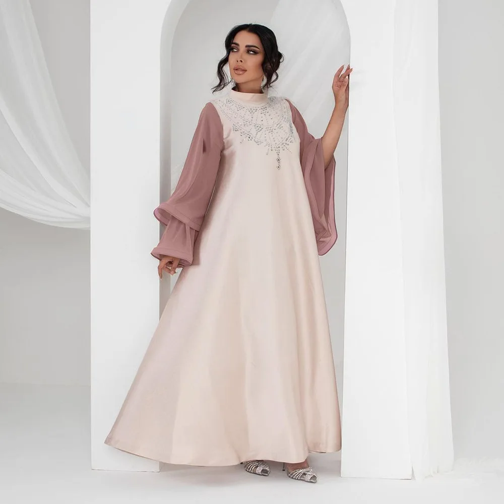 

Middle East Muslim Women Satin Abaya Dress Elegant Eid Arabic Long Sleeve Patchwork Clothes Luxury Diamond Islamic Turkey Dress