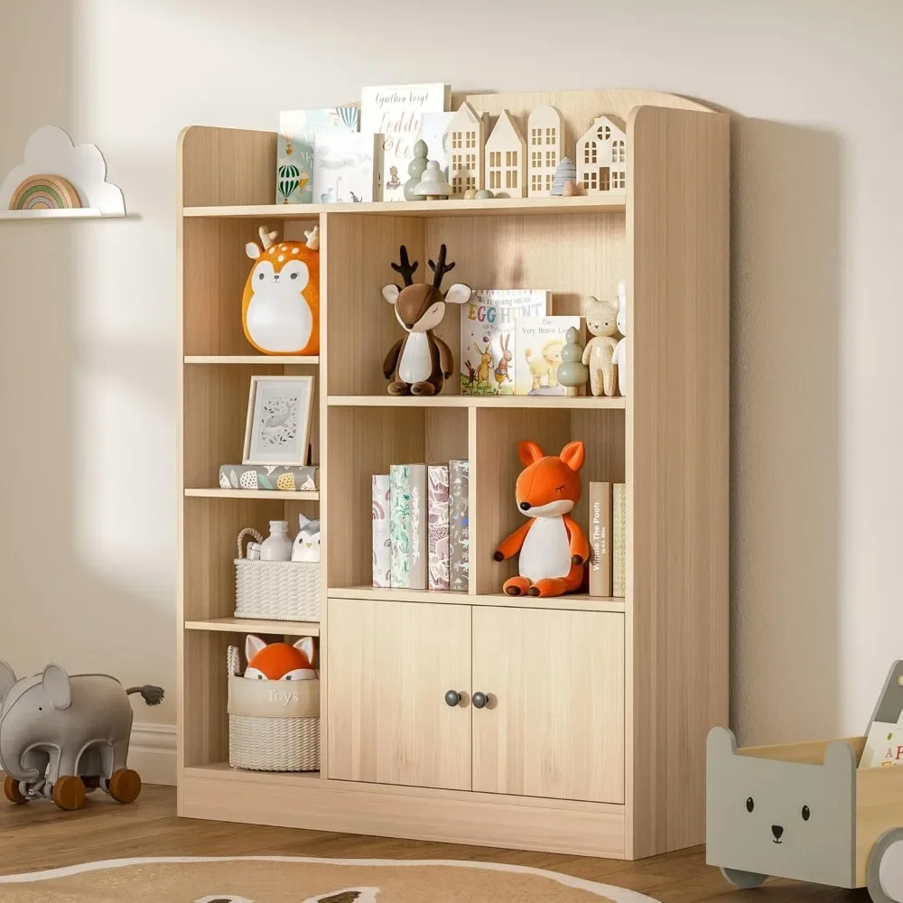 

oak kids bookshelf, kids bookcase with 7 cubbies and 2 cabinets, freestanding book storage shelves for bedroom, playroom, hallwa