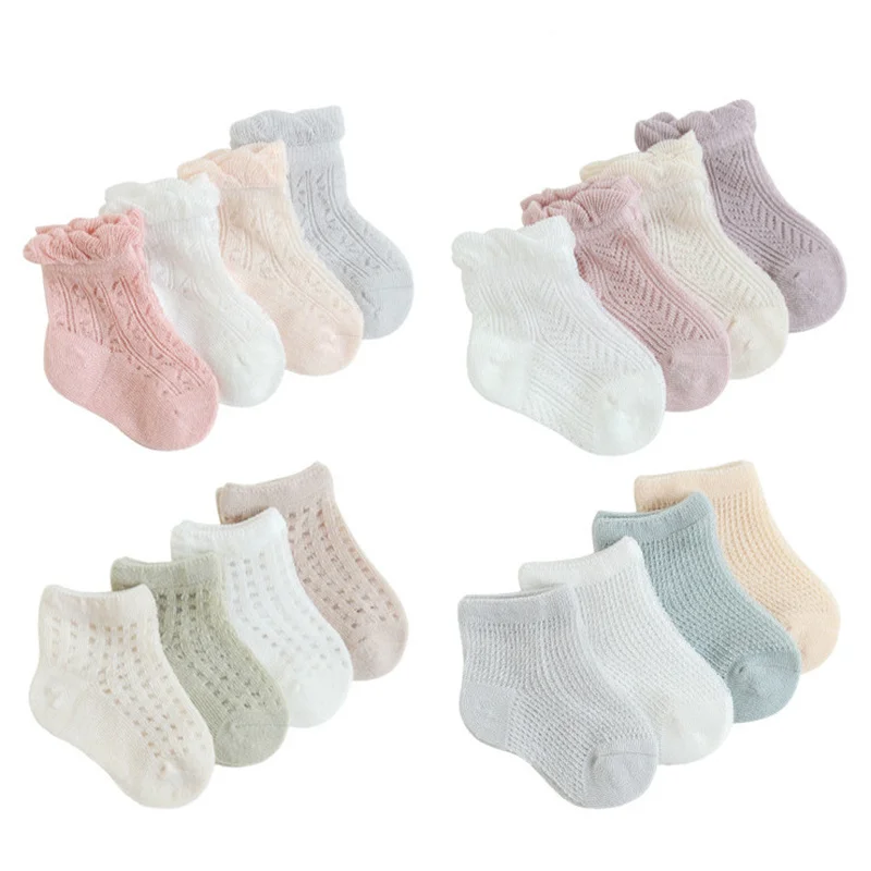 

4Pairs/Lot 2022 Summer Mesh Thin Kids Socks for Girls Cotton Solid Princess Children Sock Casual Clothes Accessories