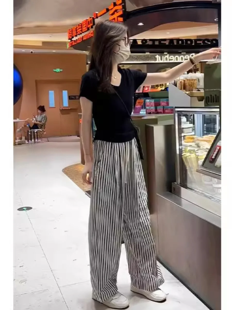 

Summer Fashion Two-Piece Set Korean Simple Short Sleeve T-Shirt Women's Straight Stripe Casual Pants Anti-Aging Ensemble