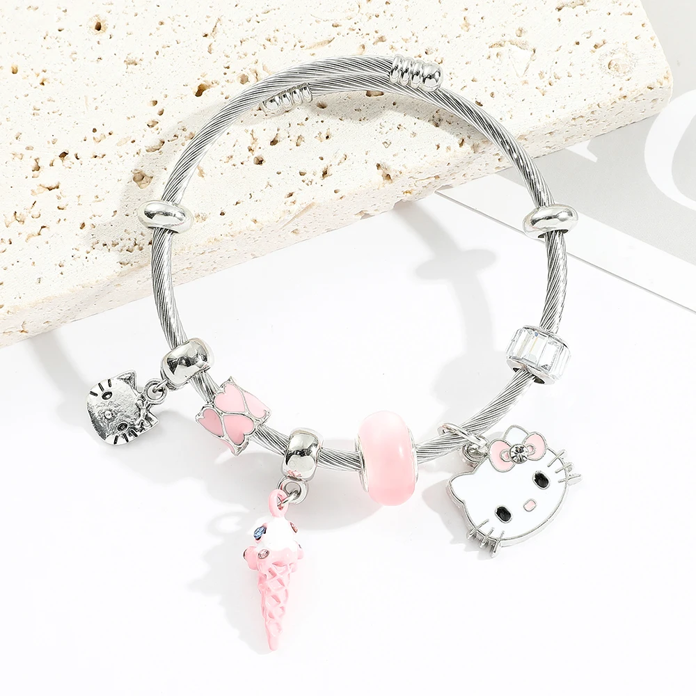 Cat Kitty Adjustable Bracelet Pink Women Girls Jewelry Pandora Charm Pendant Girls DIY Bracelet Accessories Christmas Gift