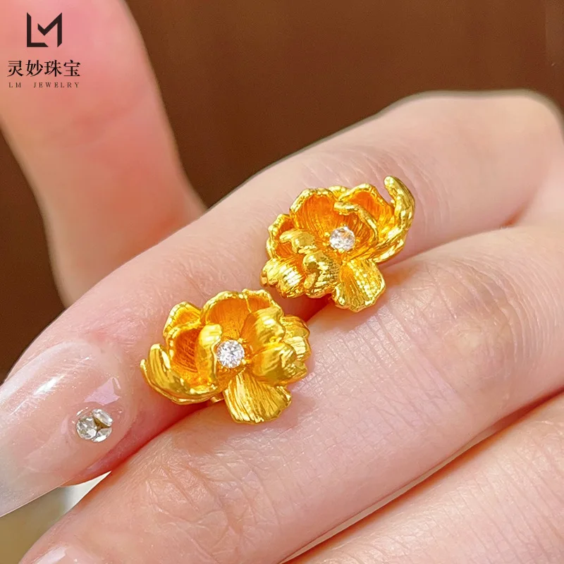 

Luxury 24K 9999 Pure Gold real gold Women's Point Drill Wire-drawing Peony Flower Earrings