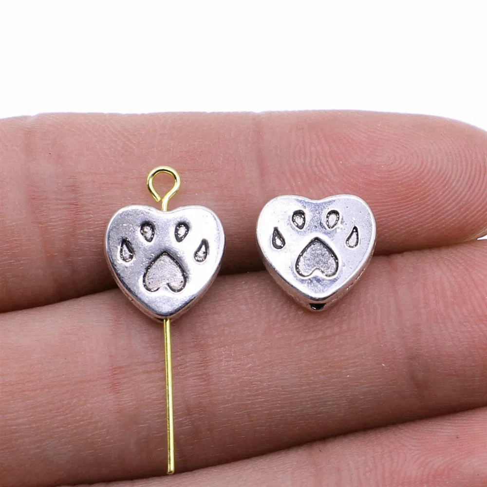 5pcs/lot 11x11mm Paw Print Heart Spacer Beads For Jewelry Making Antique Silver Color 0.43x0.43inch