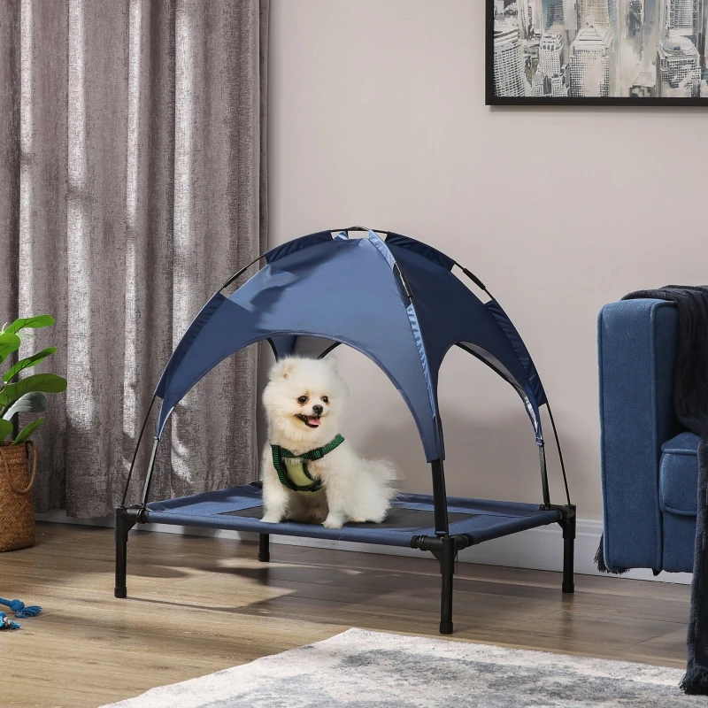 Lit surélevé pour animaux de compagnie avec auvent, lit pliable pour chien d'extérieur, résistant aux intempéries, bleu, maille respirante et tissu Oxford 600D, surélevé de 18 cm au-dessus du sol, lit de voyage portable avec protection UV et imperméable