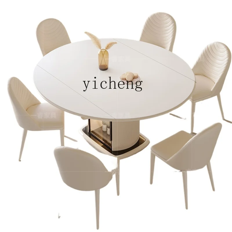 TQH cream wind rock board dining table and chair combination household retractable dining table square circle dual-purpose