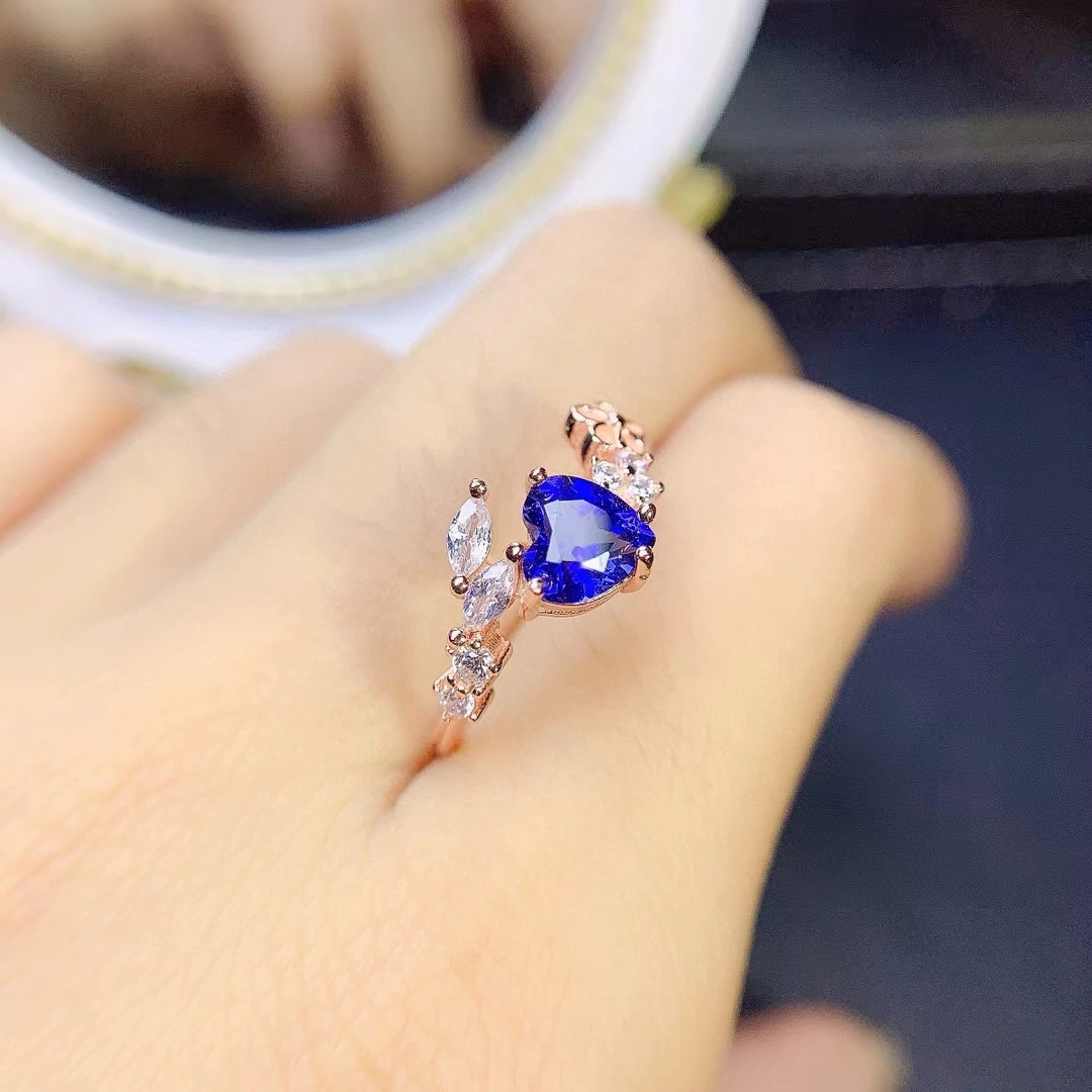 Natural Sapphire Women's Ring Classic Heart Shaped Simple and Elegant S925 Silver Plated Rose Gold with Inspection Certific