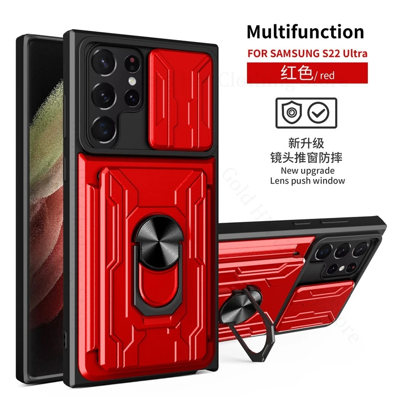 

Slide Camera Push Window Card Slot Stand Case For Samsung Galaxy S25 S24 Ultra S23 S22 S21 S20 Plus Magnetic Ring Holder Cover
