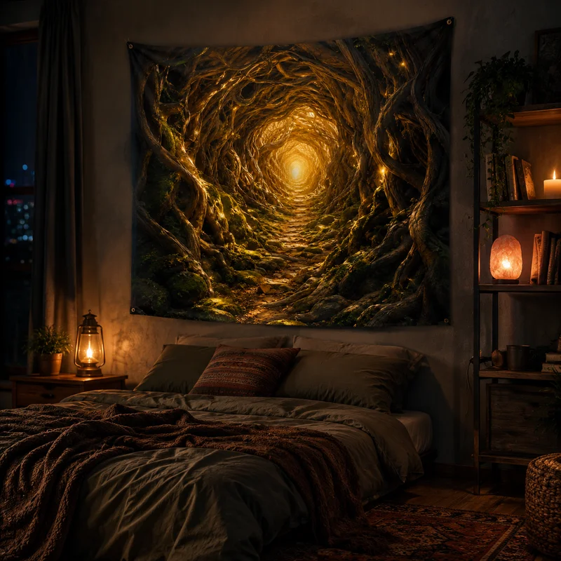 VIKAMA Warm Gold Ancient Tree Tunnel Tapestry Wrapping Coarse Vines Moss Forest End Warm Light Room Decoration